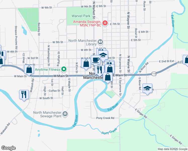 map of restaurants, bars, coffee shops, grocery stores, and more near in North Manchester