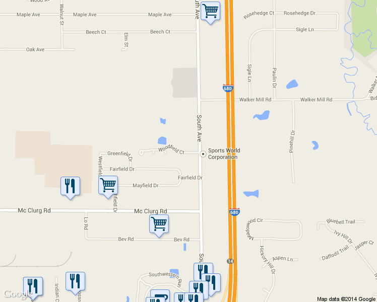 map of restaurants, bars, coffee shops, grocery stores, and more near 842 Woodfield Court in Youngstown