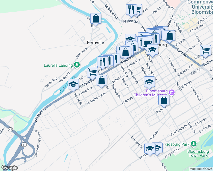 map of restaurants, bars, coffee shops, grocery stores, and more near 254 Scott Ave in Bloomsburg