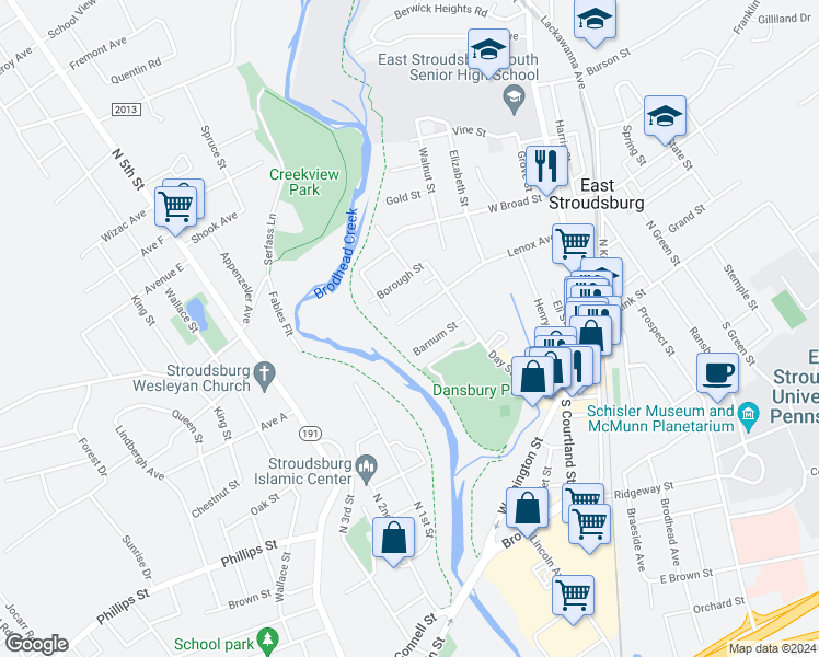 map of restaurants, bars, coffee shops, grocery stores, and more near 183 Lenox Avenue in East Stroudsburg