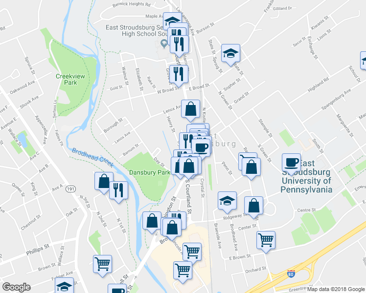 map of restaurants, bars, coffee shops, grocery stores, and more near 100 Henry Street in East Stroudsburg
