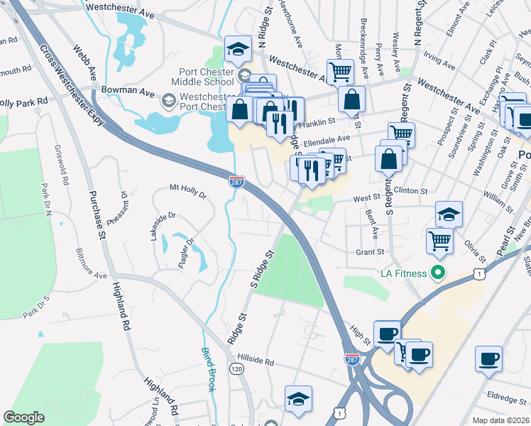 map of restaurants, bars, coffee shops, grocery stores, and more near 9 Roanoke Avenue in Port Chester