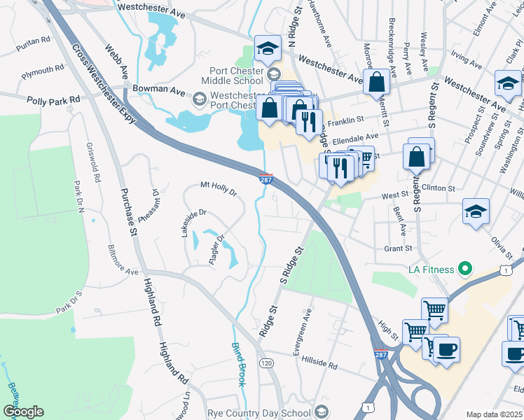map of restaurants, bars, coffee shops, grocery stores, and more near 3 Wyman Street North in Rye Brook