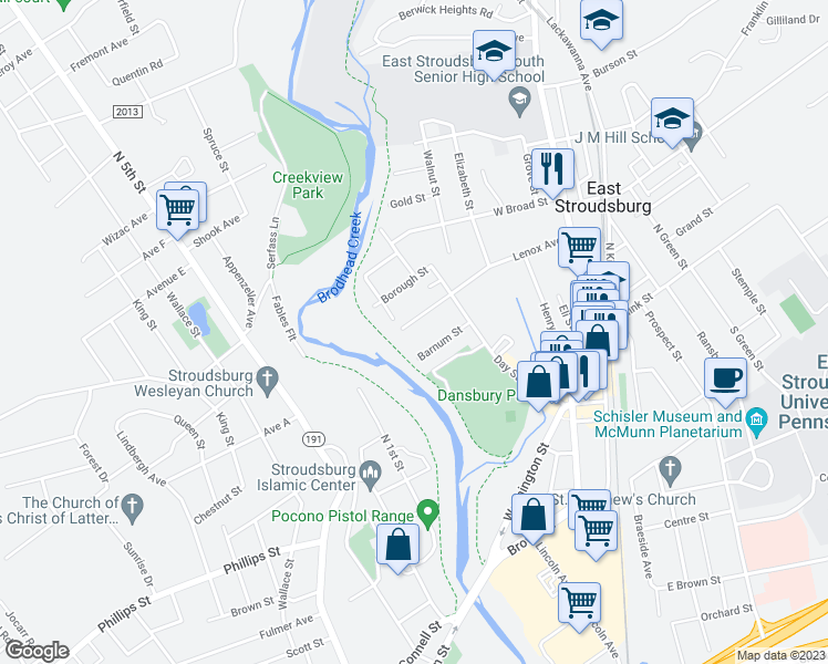 map of restaurants, bars, coffee shops, grocery stores, and more near 161 Lenox Avenue in East Stroudsburg