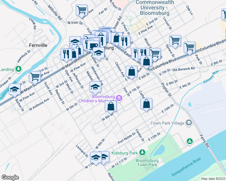 map of restaurants, bars, coffee shops, grocery stores, and more near 24 East 5th Street in Bloomsburg