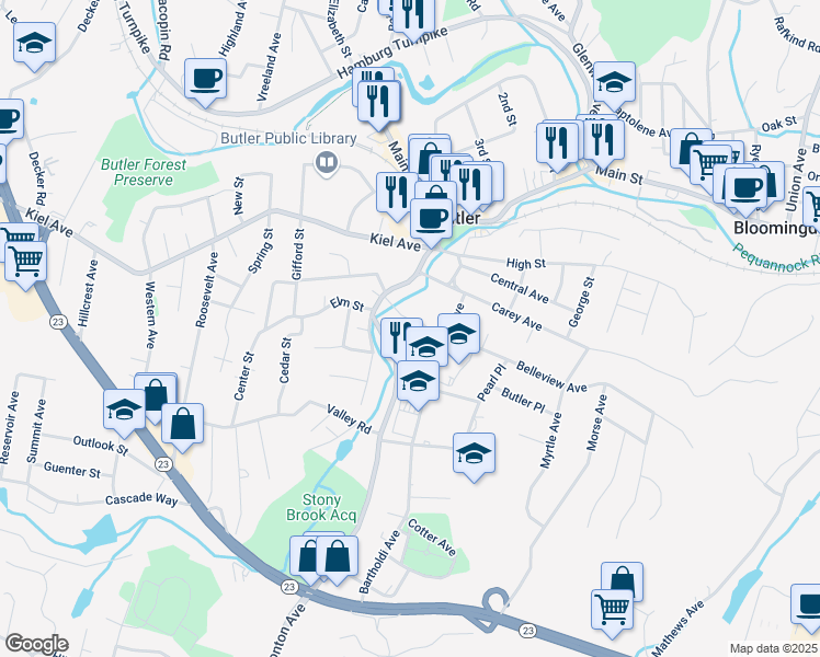 map of restaurants, bars, coffee shops, grocery stores, and more near 14 Belleview Avenue in Butler