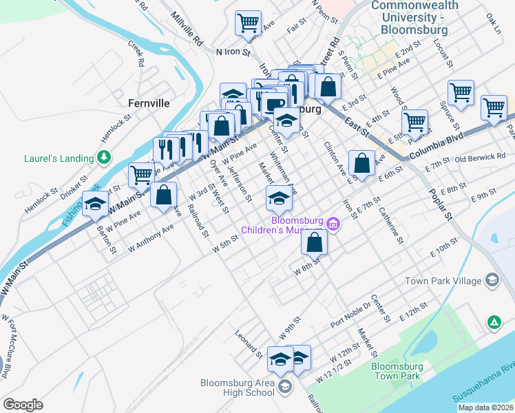 map of restaurants, bars, coffee shops, grocery stores, and more near 401-443 Murray Avenue in Bloomsburg