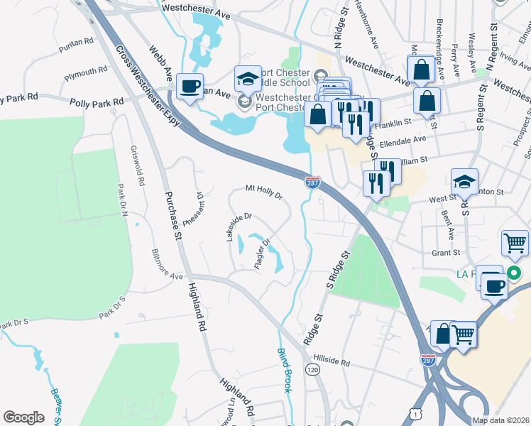 map of restaurants, bars, coffee shops, grocery stores, and more near 14 Mount Holly Drive in Rye