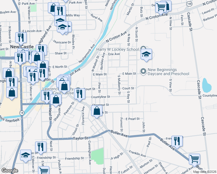 map of restaurants, bars, coffee shops, grocery stores, and more near 205 South Crawford Avenue in New Castle