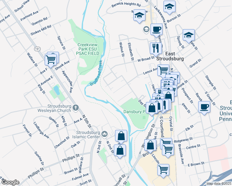 map of restaurants, bars, coffee shops, grocery stores, and more near 183 Lenox Avenue in East Stroudsburg