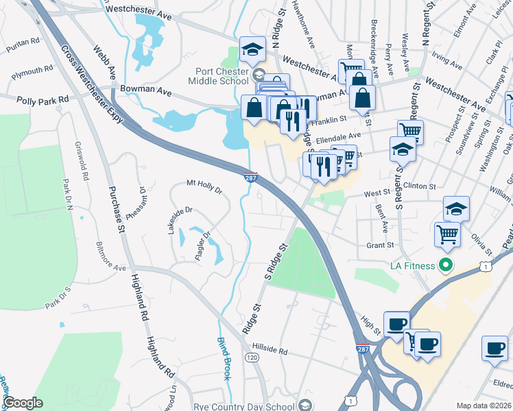 map of restaurants, bars, coffee shops, grocery stores, and more near 3 Wyman Street North in Rye Brook