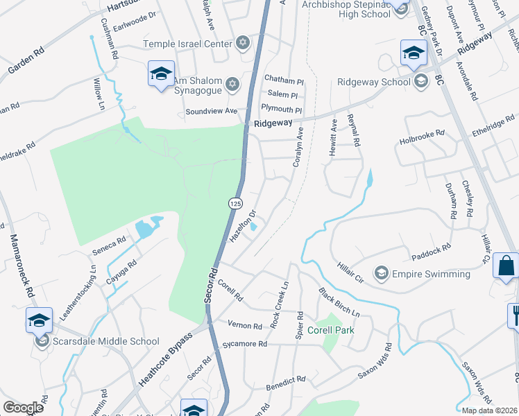 map of restaurants, bars, coffee shops, grocery stores, and more near 49 Hazelton Drive in White Plains