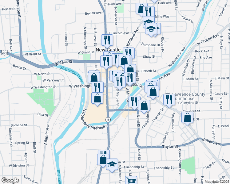 map of restaurants, bars, coffee shops, grocery stores, and more near 30 East Washington Street in New Castle
