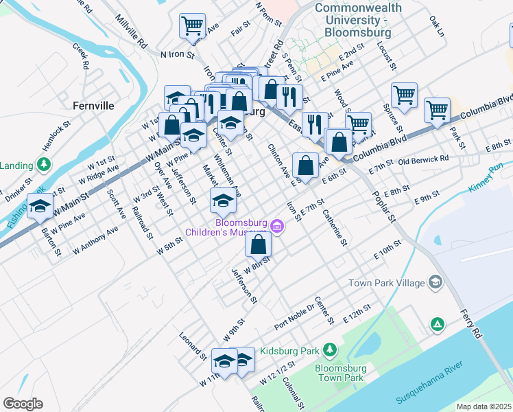 map of restaurants, bars, coffee shops, grocery stores, and more near 526 Center Street in Bloomsburg