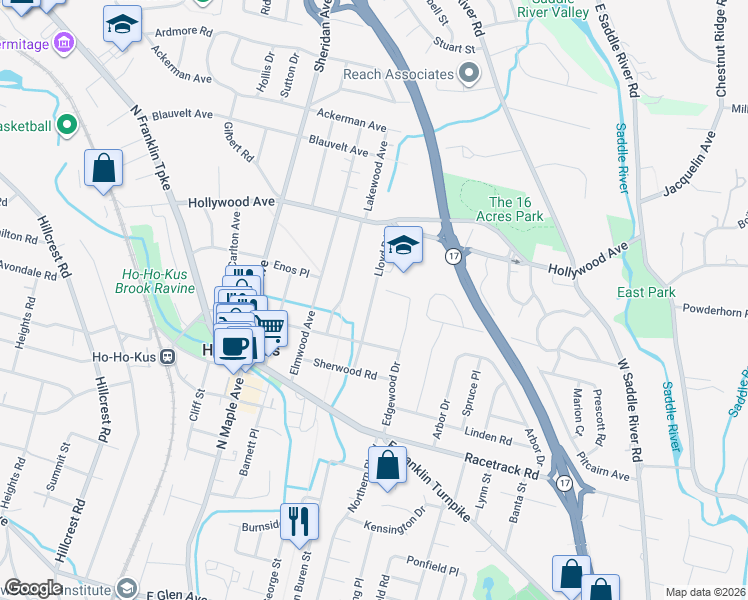 map of restaurants, bars, coffee shops, grocery stores, and more near 52 Lloyd Road in Ho-Ho-Kus