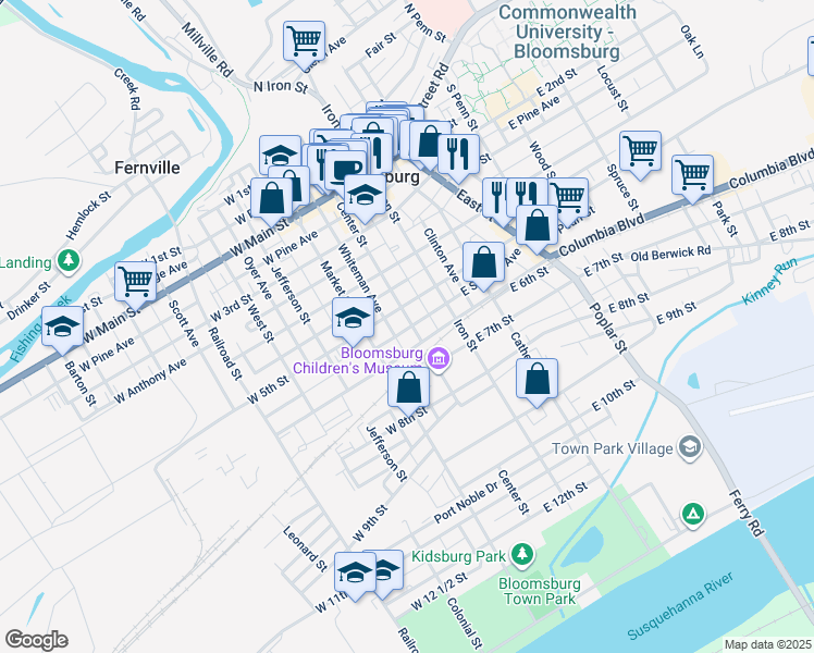 map of restaurants, bars, coffee shops, grocery stores, and more near 526 Center Street in Bloomsburg