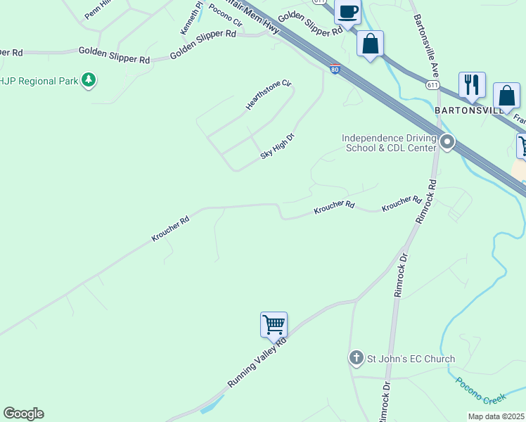 map of restaurants, bars, coffee shops, grocery stores, and more near 1221 Kroucher Road in Stroudsburg