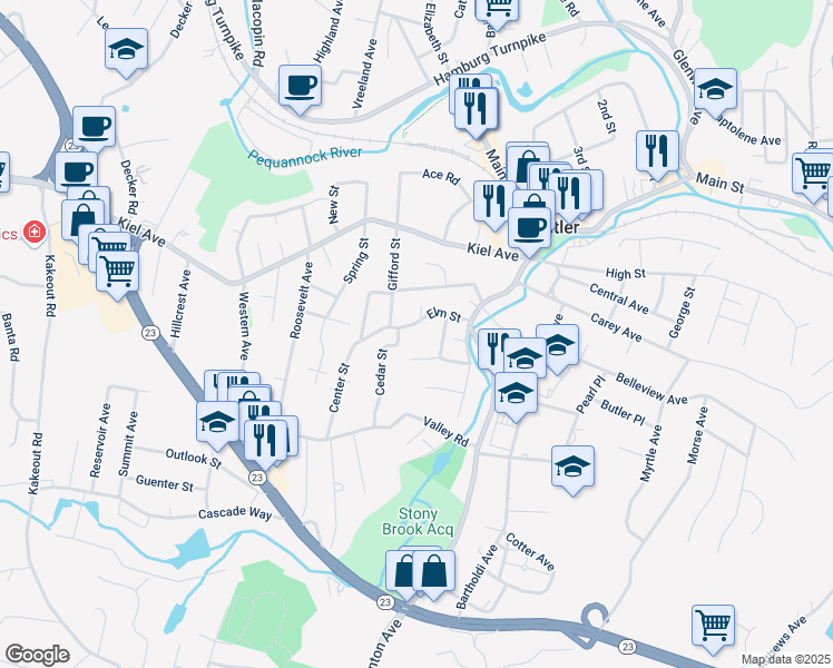 map of restaurants, bars, coffee shops, grocery stores, and more near 19 Elm Street in Butler