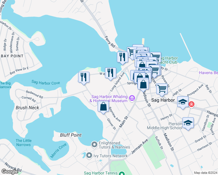 map of restaurants, bars, coffee shops, grocery stores, and more near 106 Long Island Avenue in Sag Harbor