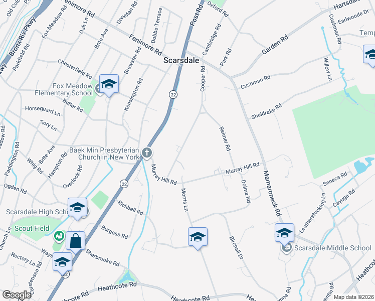 map of restaurants, bars, coffee shops, grocery stores, and more near 12 Cooper Road in Scarsdale