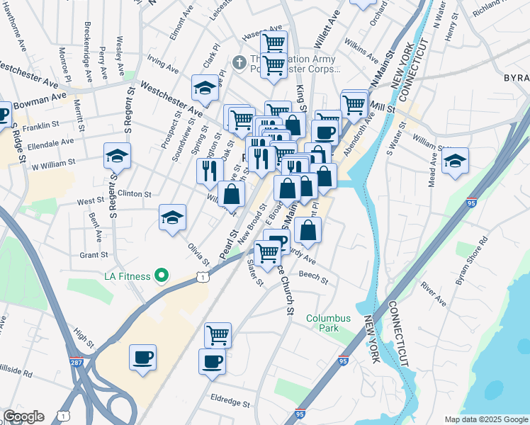 map of restaurants, bars, coffee shops, grocery stores, and more near 6 New Broad Street in Port Chester