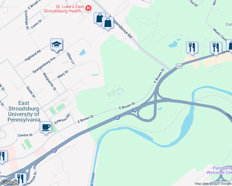 map of restaurants, bars, coffee shops, grocery stores, and more near 400 East Brown Street in East Stroudsburg