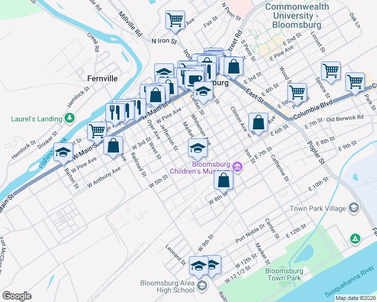 map of restaurants, bars, coffee shops, grocery stores, and more near 443 Murray Ave in Bloomsburg