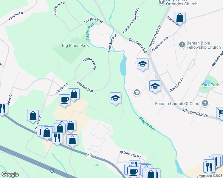 map of restaurants, bars, coffee shops, grocery stores, and more near 41 Olde Mill Run in Stroudsburg