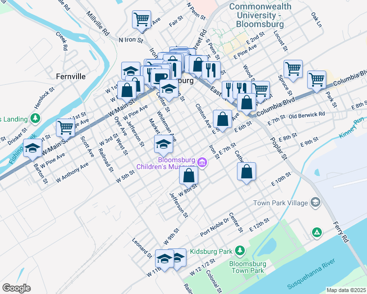 map of restaurants, bars, coffee shops, grocery stores, and more near 18 West 5th Street in Bloomsburg