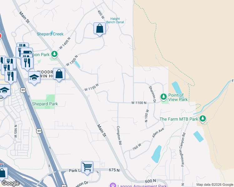 map of restaurants, bars, coffee shops, grocery stores, and more near 1163 North 265 West in Farmington