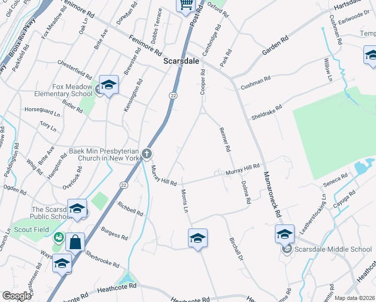 map of restaurants, bars, coffee shops, grocery stores, and more near 12 Cooper Road in Scarsdale