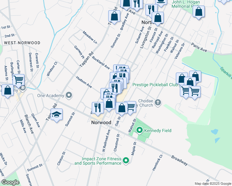 map of restaurants, bars, coffee shops, grocery stores, and more near 521 Livingston Street in Norwood