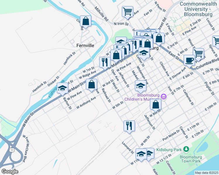 map of restaurants, bars, coffee shops, grocery stores, and more near 346 West 3rd Street in Bloomsburg