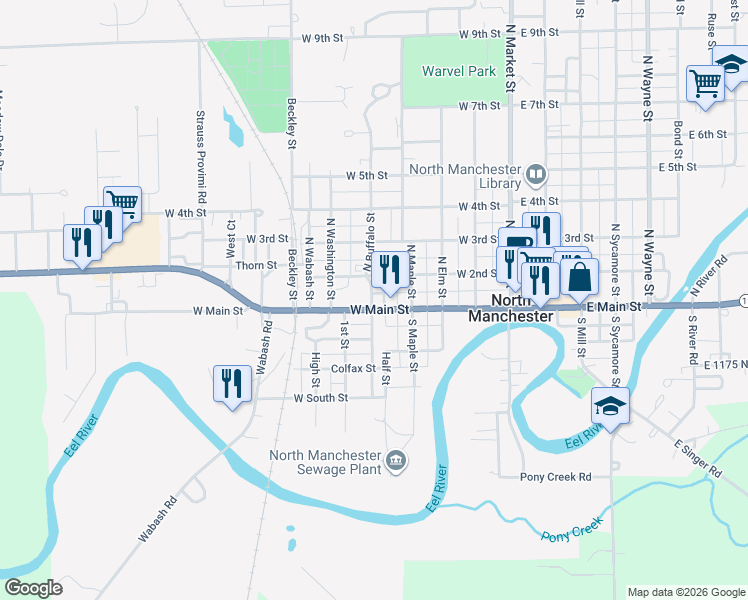 map of restaurants, bars, coffee shops, grocery stores, and more near N Buffalo St in North Manchester