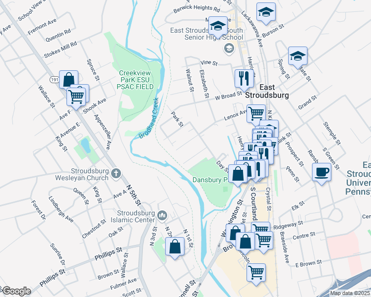 map of restaurants, bars, coffee shops, grocery stores, and more near 179 Lenox Avenue in East Stroudsburg