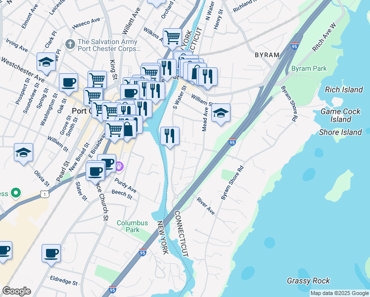map of restaurants, bars, coffee shops, grocery stores, and more near 17 Berrian Place in Greenwich