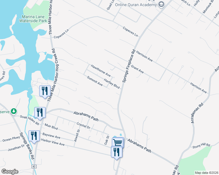 map of restaurants, bars, coffee shops, grocery stores, and more near 7 Elvira Street in East Hampton