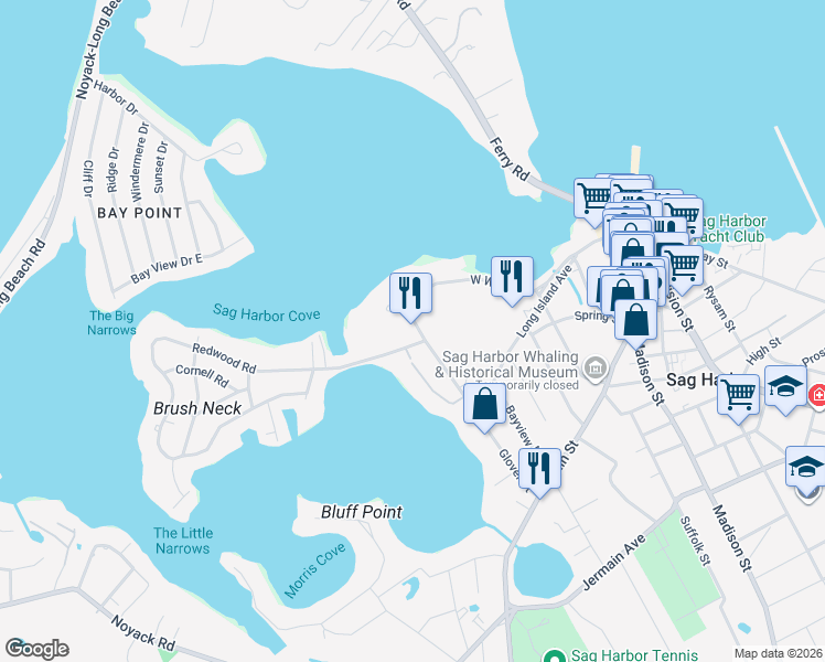map of restaurants, bars, coffee shops, grocery stores, and more near 133 Glover Street in Sag Harbor