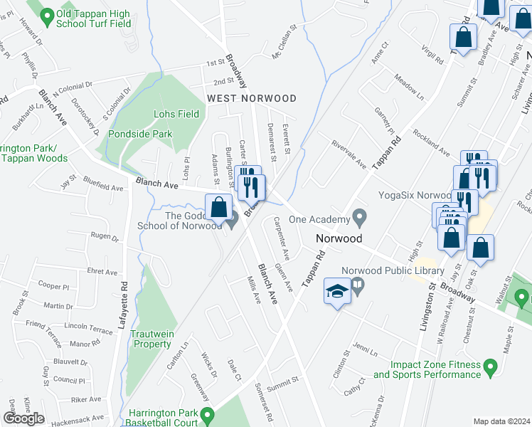 map of restaurants, bars, coffee shops, grocery stores, and more near 170 Glenn Avenue in Norwood
