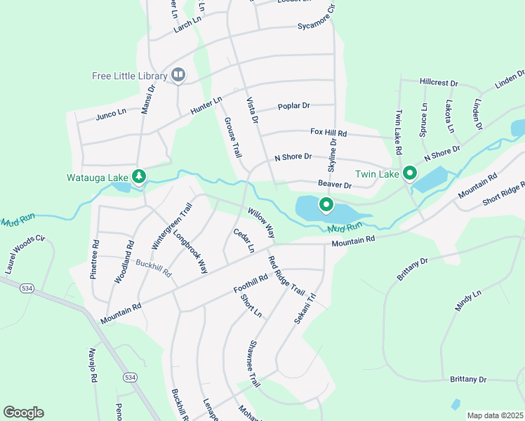 map of restaurants, bars, coffee shops, grocery stores, and more near Willow Way in Indian Mountain Lake