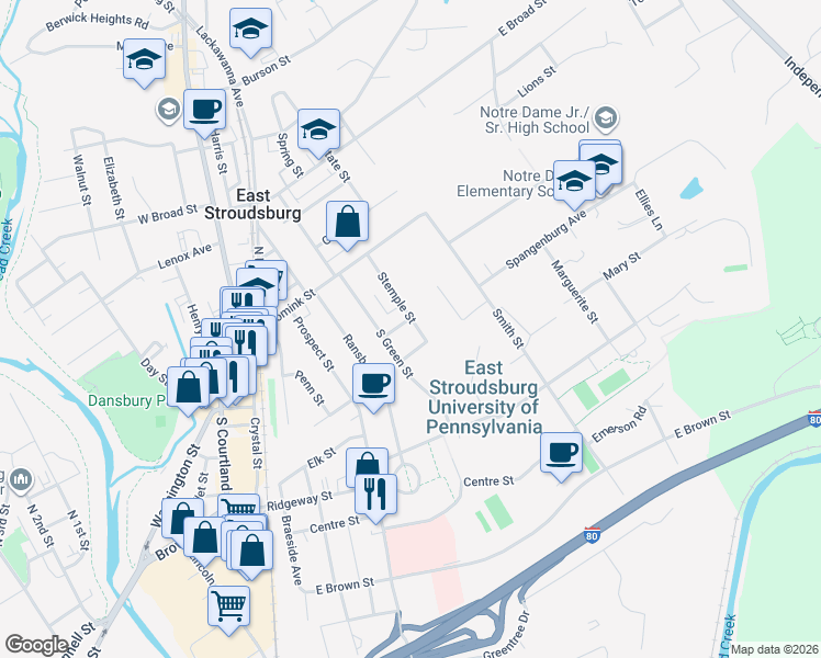 map of restaurants, bars, coffee shops, grocery stores, and more near 49 Stemple Street in East Stroudsburg