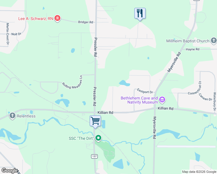 map of restaurants, bars, coffee shops, grocery stores, and more near 2371 Pressler Road in Akron