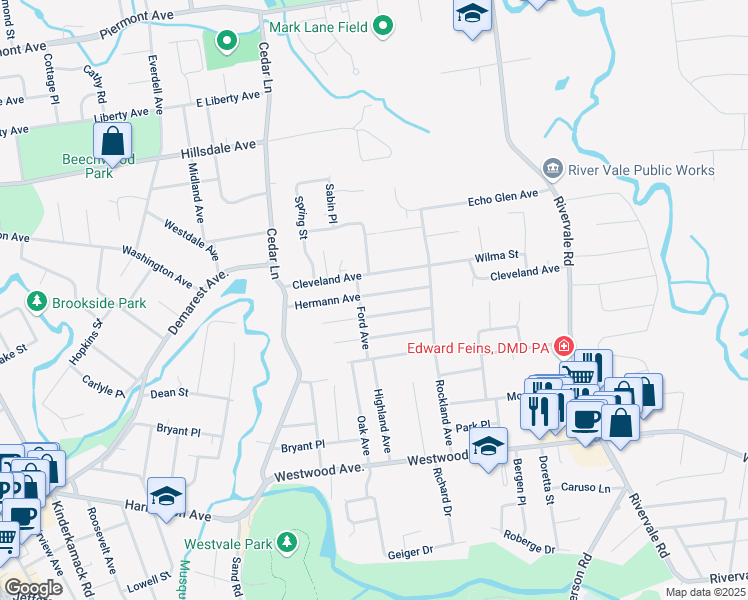 map of restaurants, bars, coffee shops, grocery stores, and more near 549 Hermann Avenue in River Vale