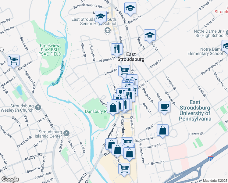 map of restaurants, bars, coffee shops, grocery stores, and more near 91 Henry Street in East Stroudsburg