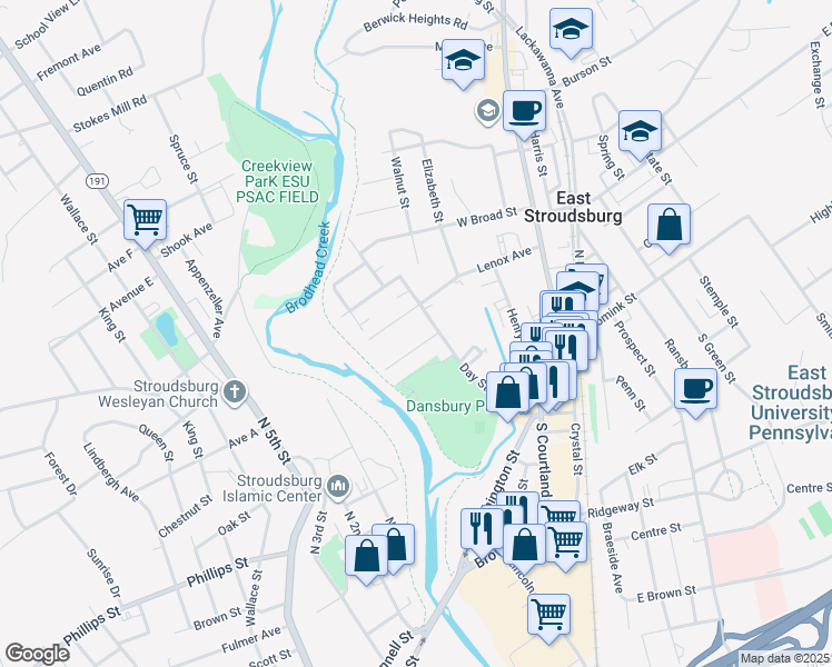 map of restaurants, bars, coffee shops, grocery stores, and more near 121 Day Street in East Stroudsburg
