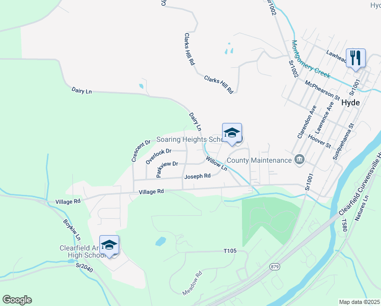 map of restaurants, bars, coffee shops, grocery stores, and more near 2030 Pleasant Lane in Clearfield