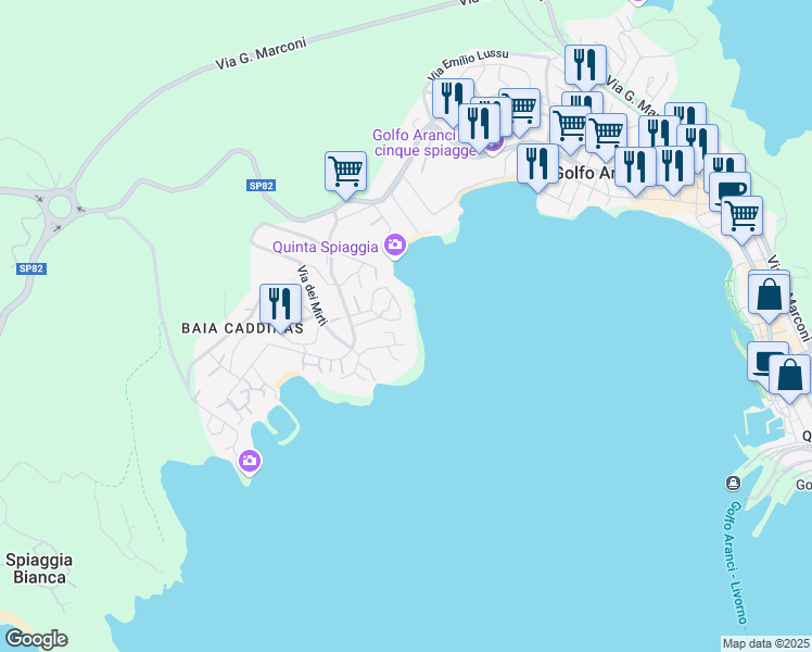 map of restaurants, bars, coffee shops, grocery stores, and more near 29 Via del Ginepro in Golfo Aranci