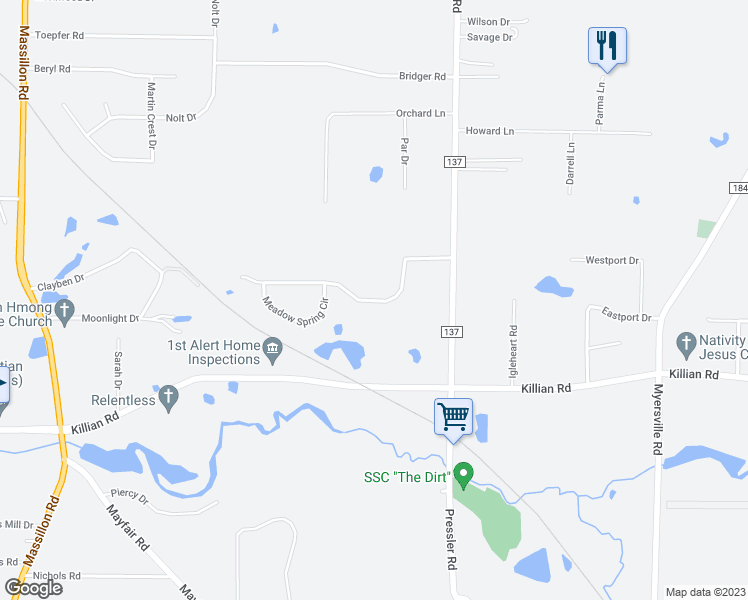 map of restaurants, bars, coffee shops, grocery stores, and more near 2069 Rolling Meadows Lane in Akron