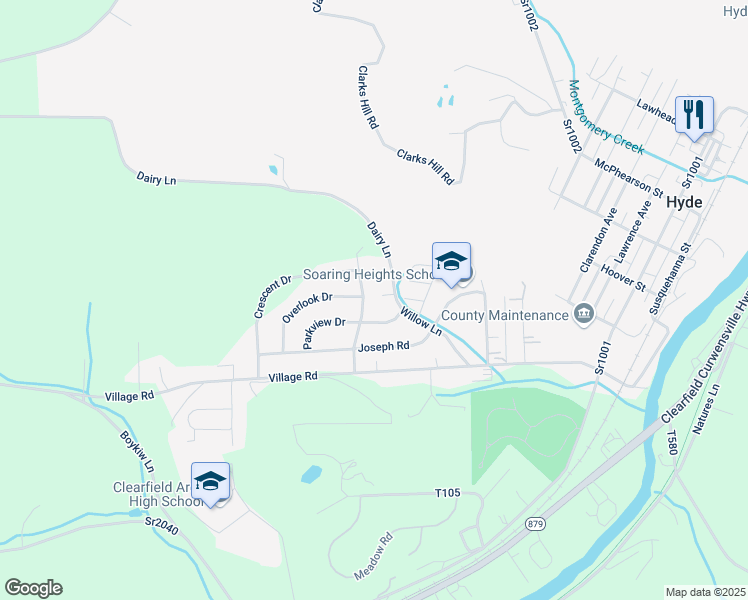 map of restaurants, bars, coffee shops, grocery stores, and more near 2030 Pleasant Lane in Clearfield