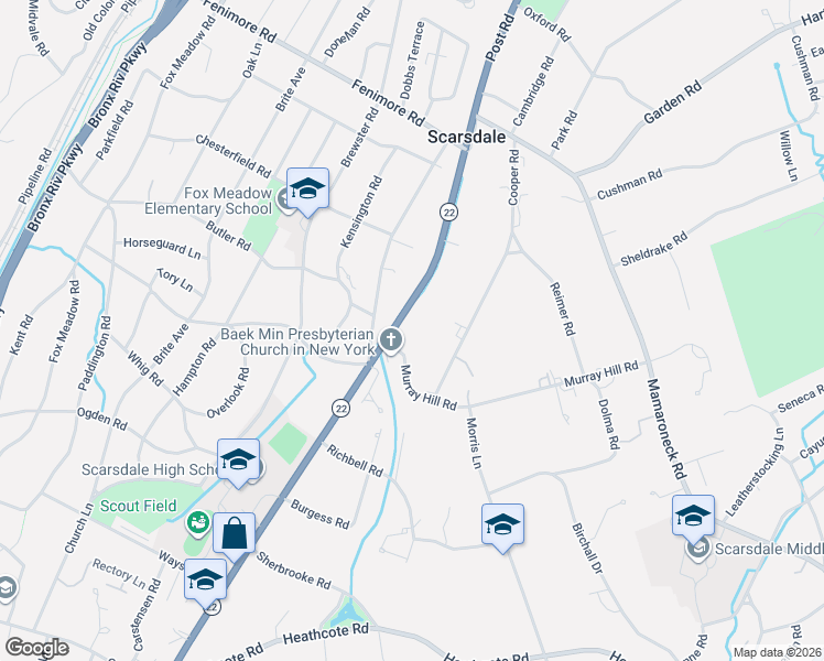 map of restaurants, bars, coffee shops, grocery stores, and more near 1108 Post Road in Scarsdale
